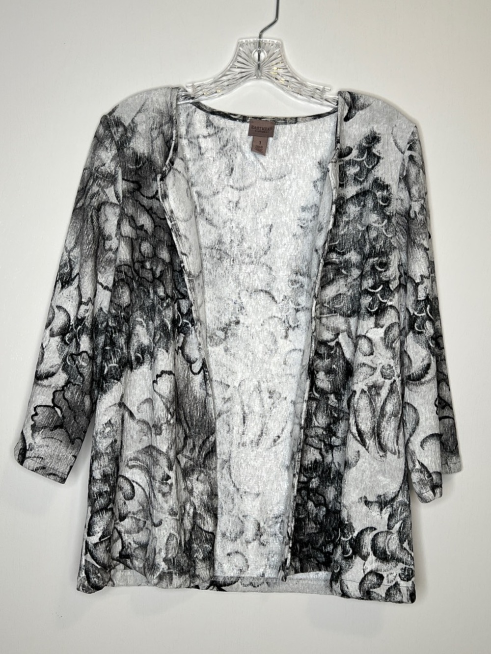 Chico’s Easywear Open-Front Floral Print Cardigan in Black & White SZ 1
